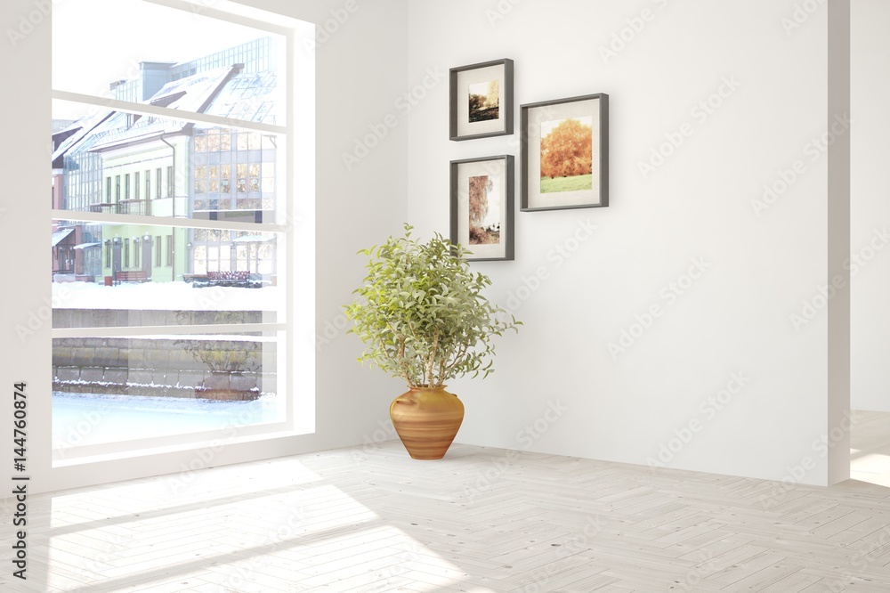 White empty room with winter landscape in window. Scandinavian interior design. 3D illustration