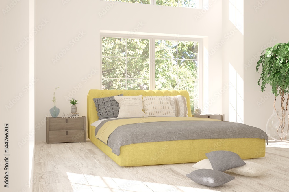 White bedroom with green landscape in window. Scandinavian interior design. 3D illustration