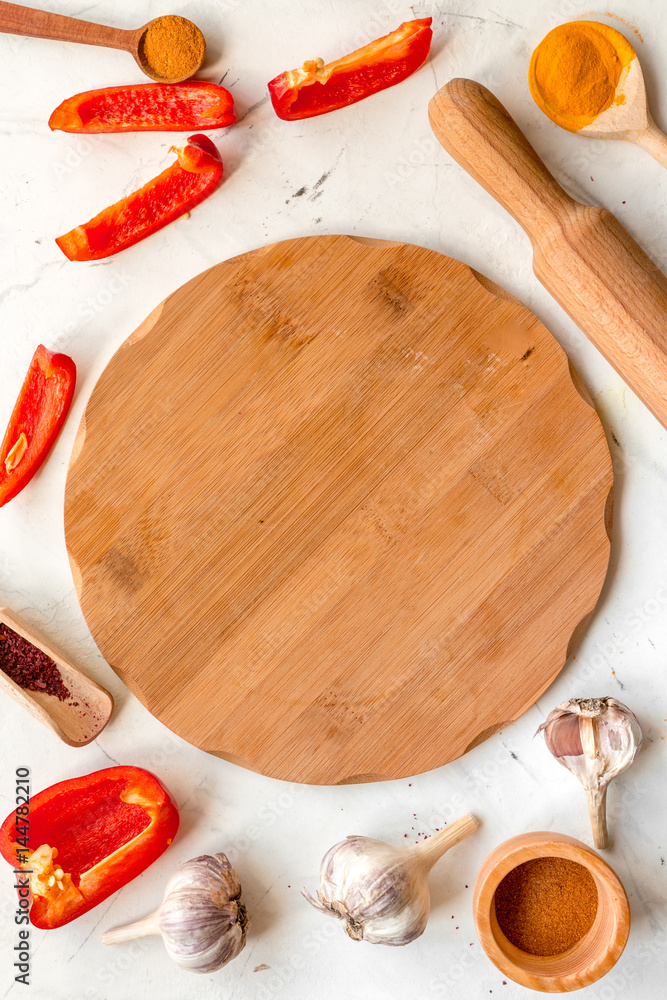 cook work with kitchenware set on white background top view