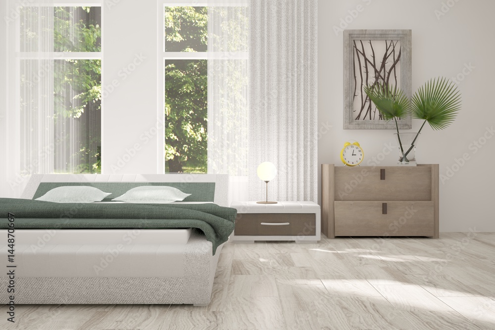 White bedroom with green landscape in window. Scandinavian interior design. 3D illustration