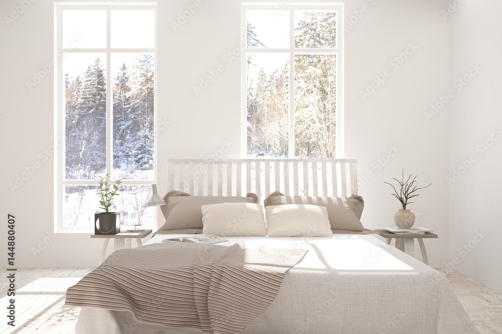 White bedroom with winter landscape in window. Scandinavian interior design. 3D illustration