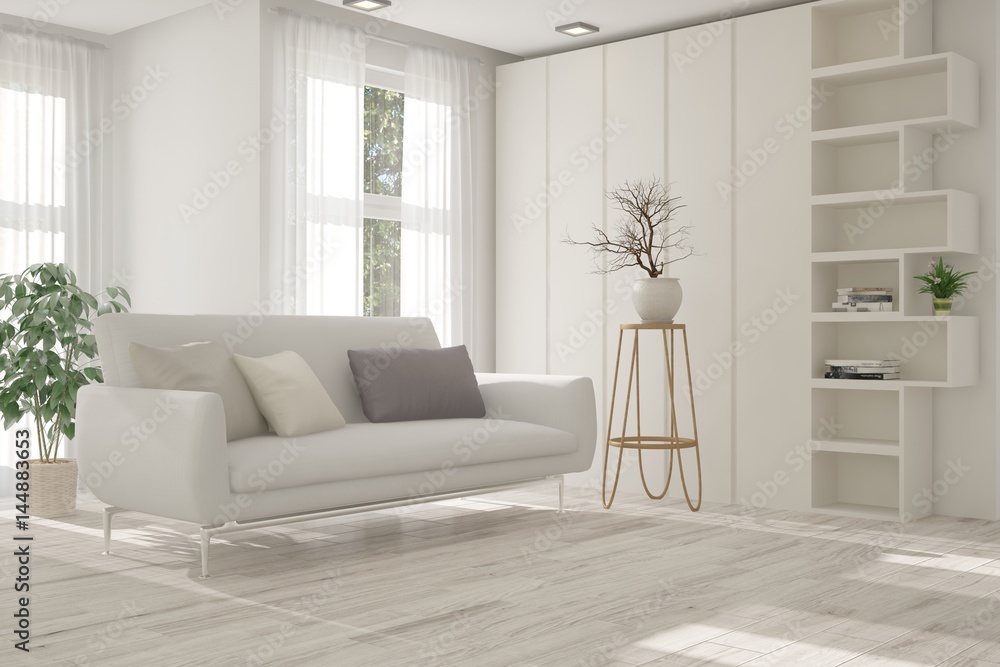 White modern room with sofa. Scandinavian interior design. 3D illustration