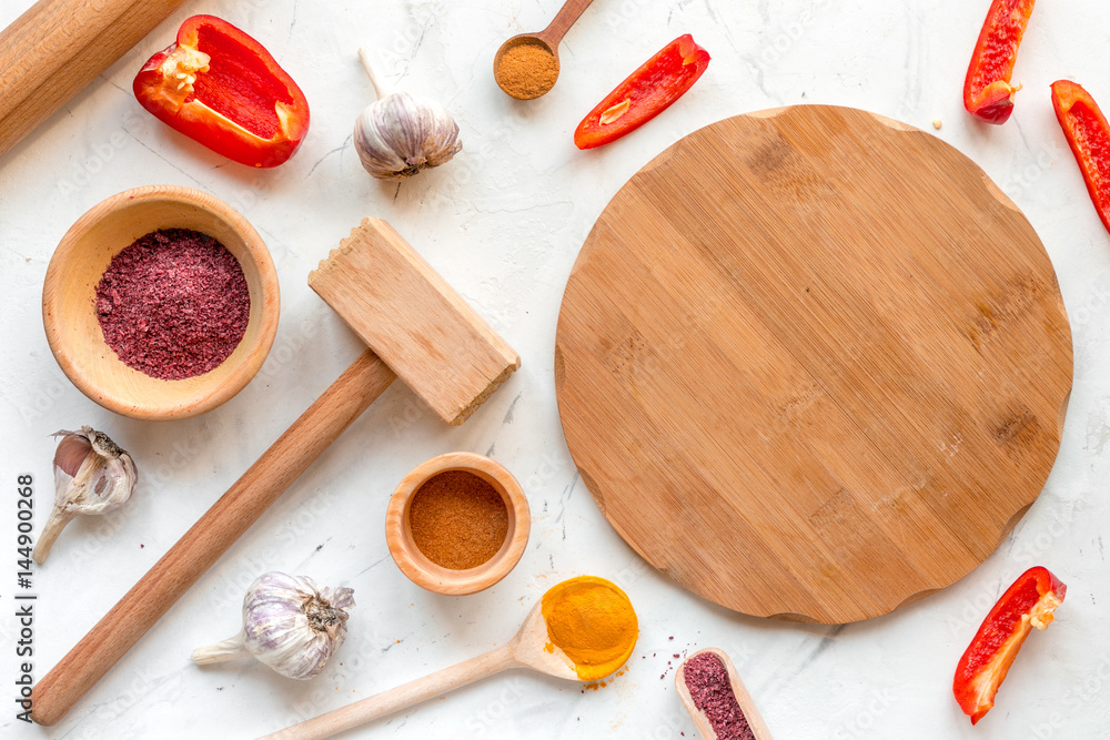 cooking tools in restoraunt concept on white background top view