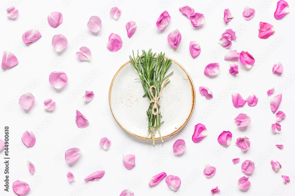 rose, rosemary and plates in spring design white background top view mockup