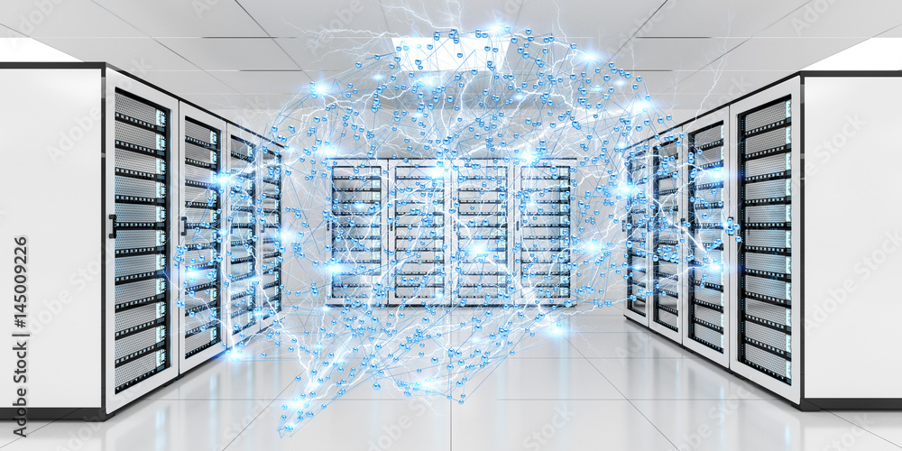 Abstract network on server room data center 3D rendering