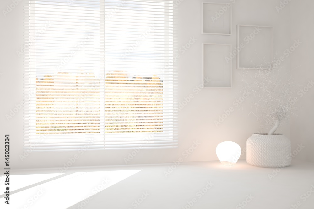 White empty room with autumn landscape in window. Scandinavian interior design. 3D illustration