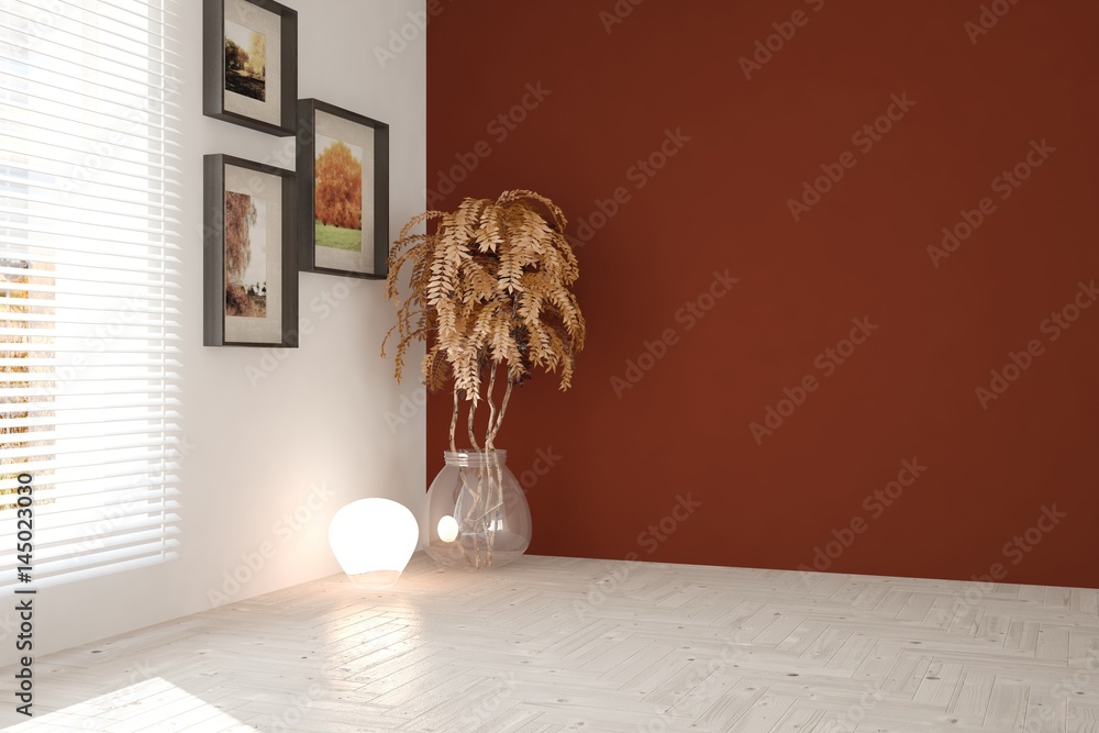 Orange empty room. Scandinavian interior design. 3D illustration