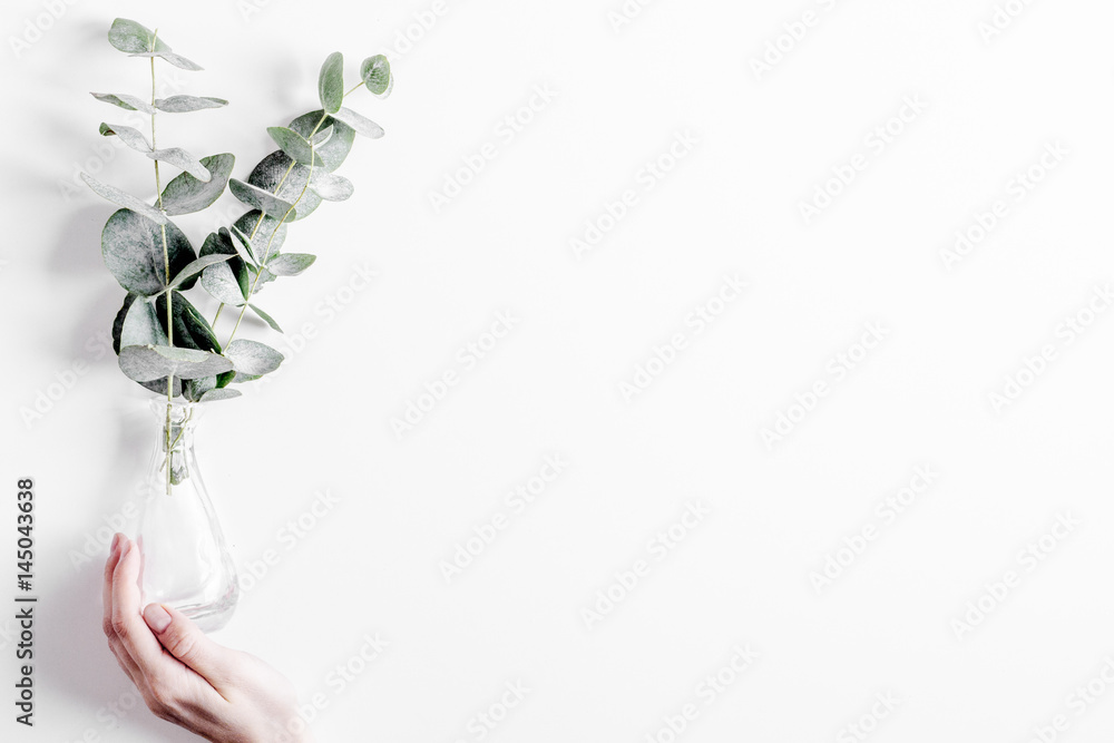 floral concept with green leaves on white background top view mock-up