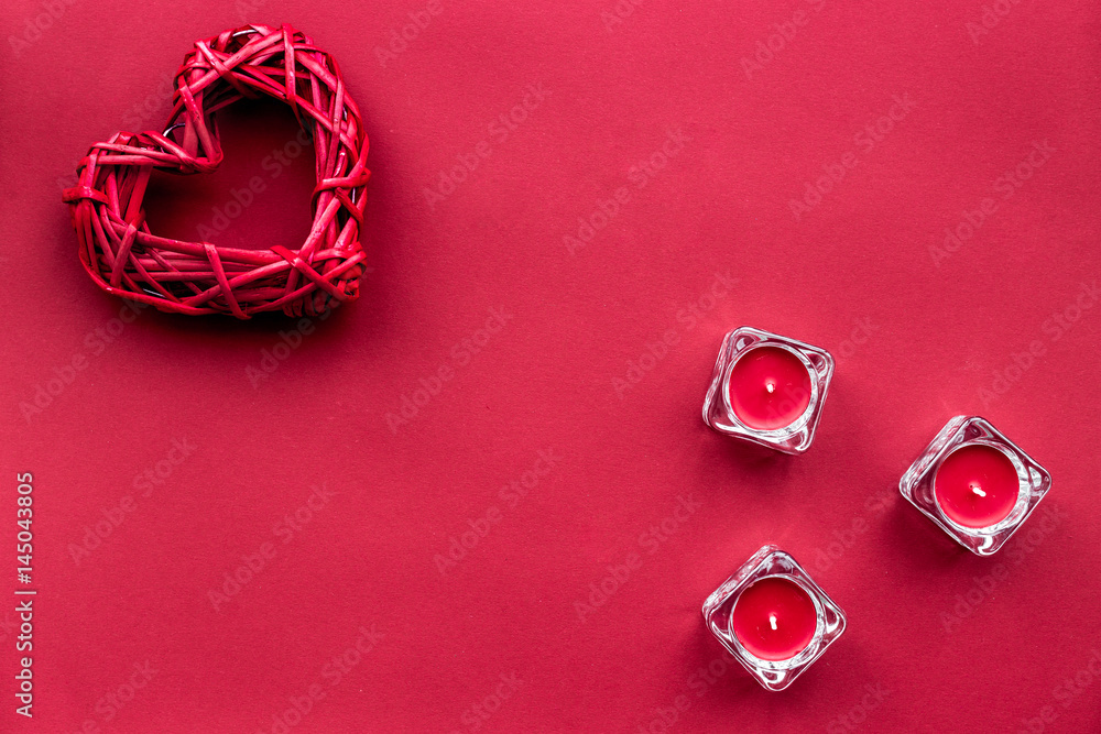 red color set with candles and heart top view mock up