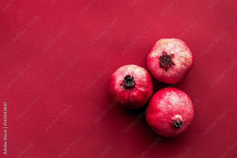 Ripe fresh fruit on red background top view mockup