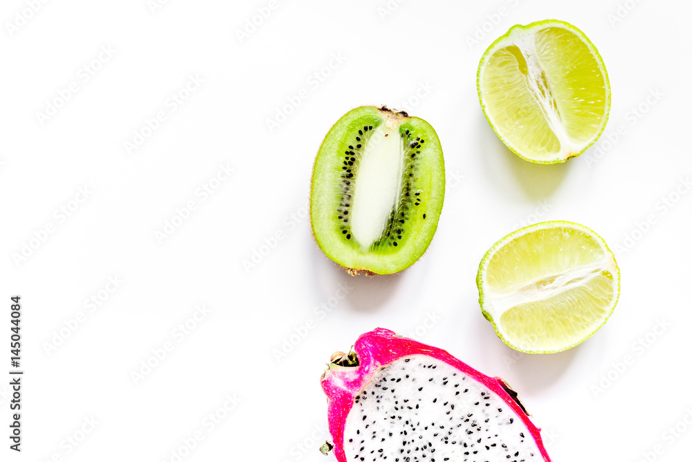 exotic fruits pattern with kiwi, pitaya isolated white background top view mockup