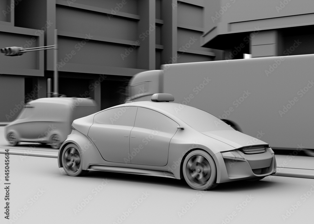 Clay model rendering of taxi, van, truck at the crossroads. 3D rendering image.