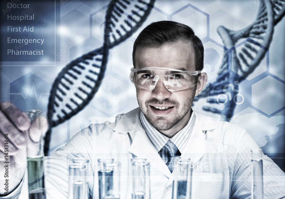 Young scientist mixing reagents in glass flask in clinical laboratory