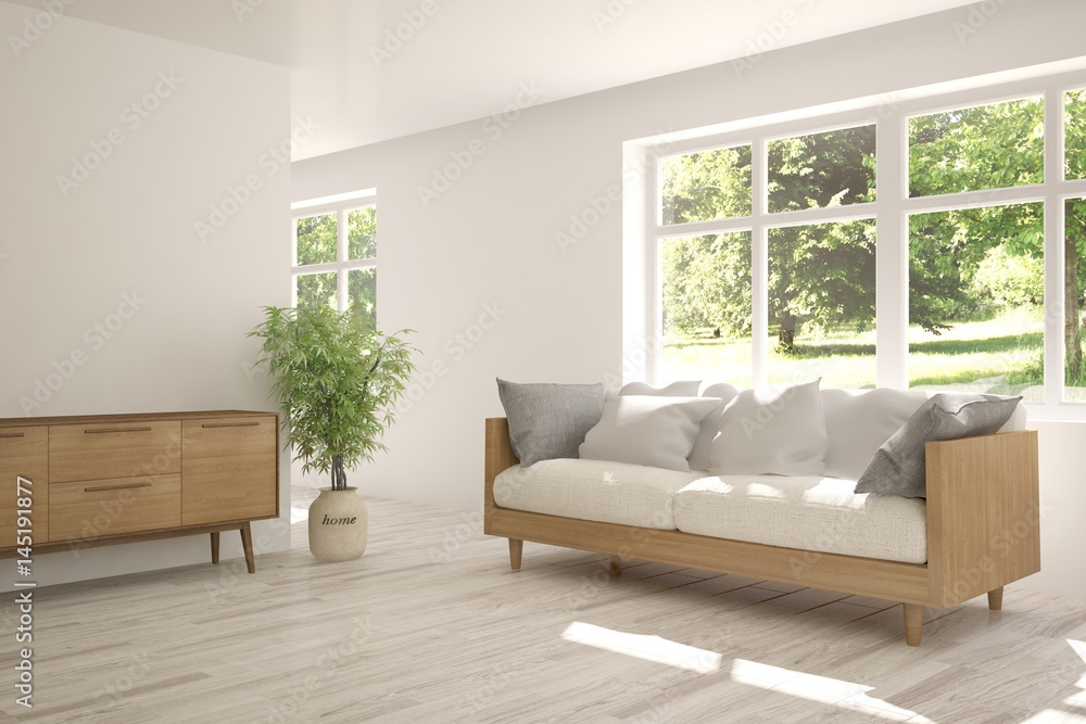 White room with sofa and green landscape in window. Scandinavian interior design. 3D illustration