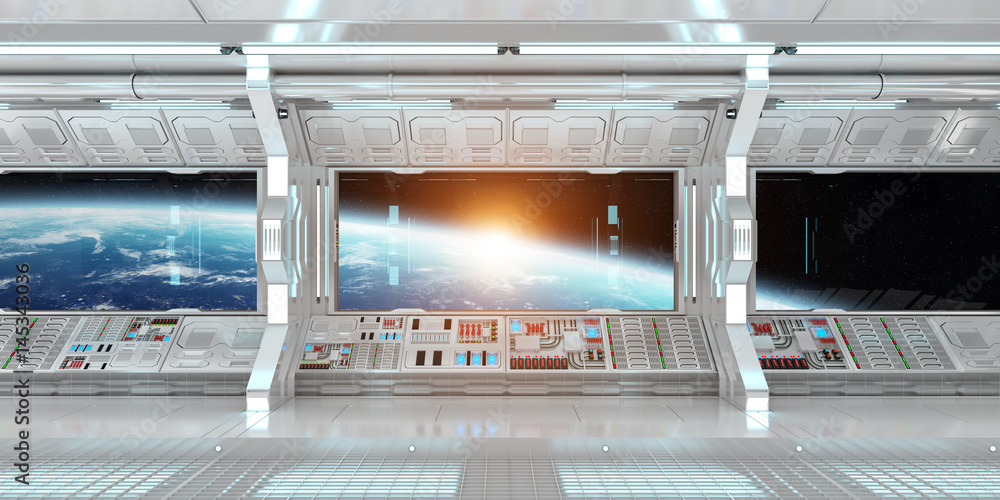 Spaceship interior with view on the planet Earth 3D rendering elements of this image furnished by NA