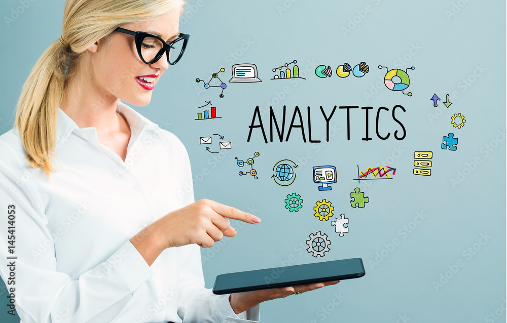 Analytics text with business woman