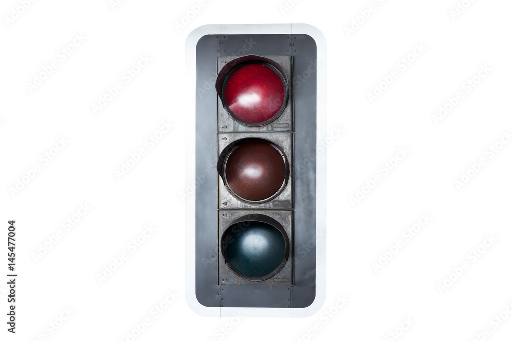  traffic lights, red green and yellow on blue sky background.