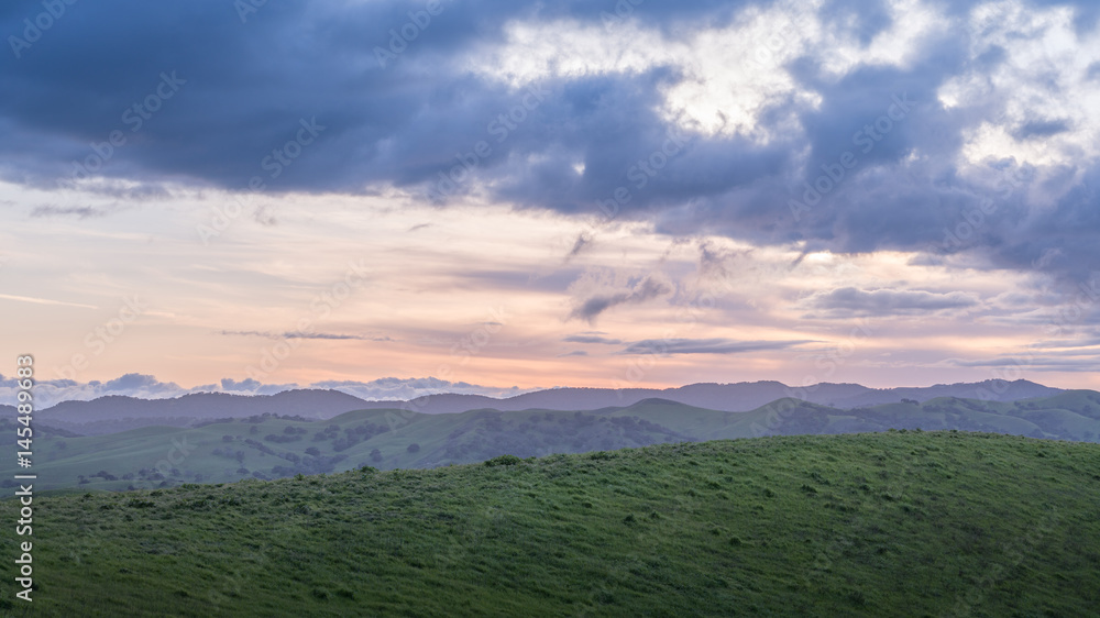 Sunset over a country landscape, winery California