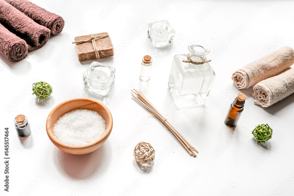 spa composition for body care with sea salt on white background