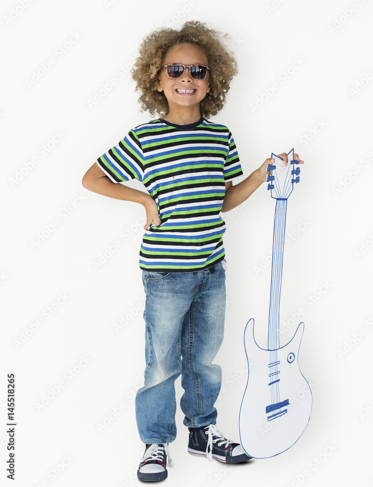 Portrait of a Little African Descent Boy with a Guitar Isolated