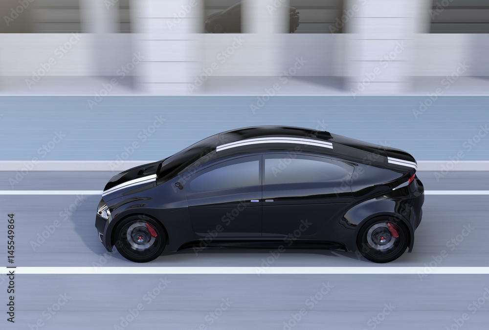 Side view of black sports car driving on the street. 3D rendering image.