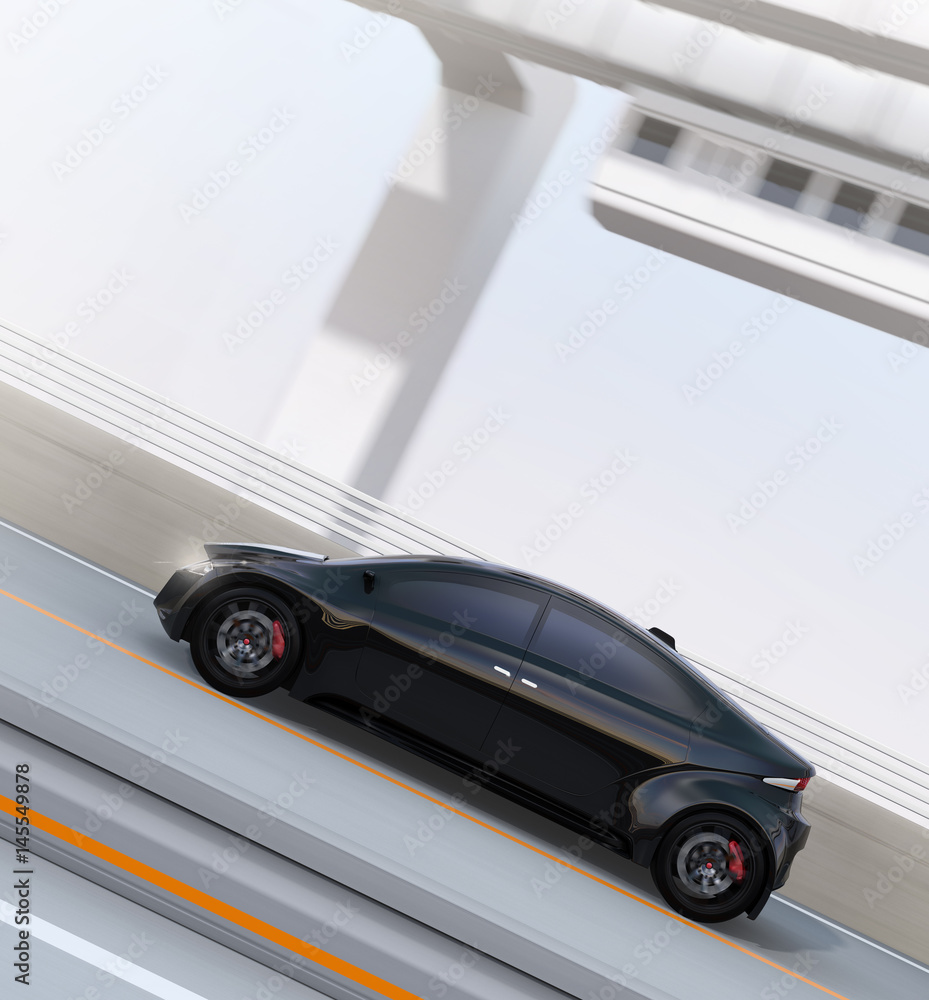 Side view of black electric sports car driving on the highway with monorail on the background. 3D re