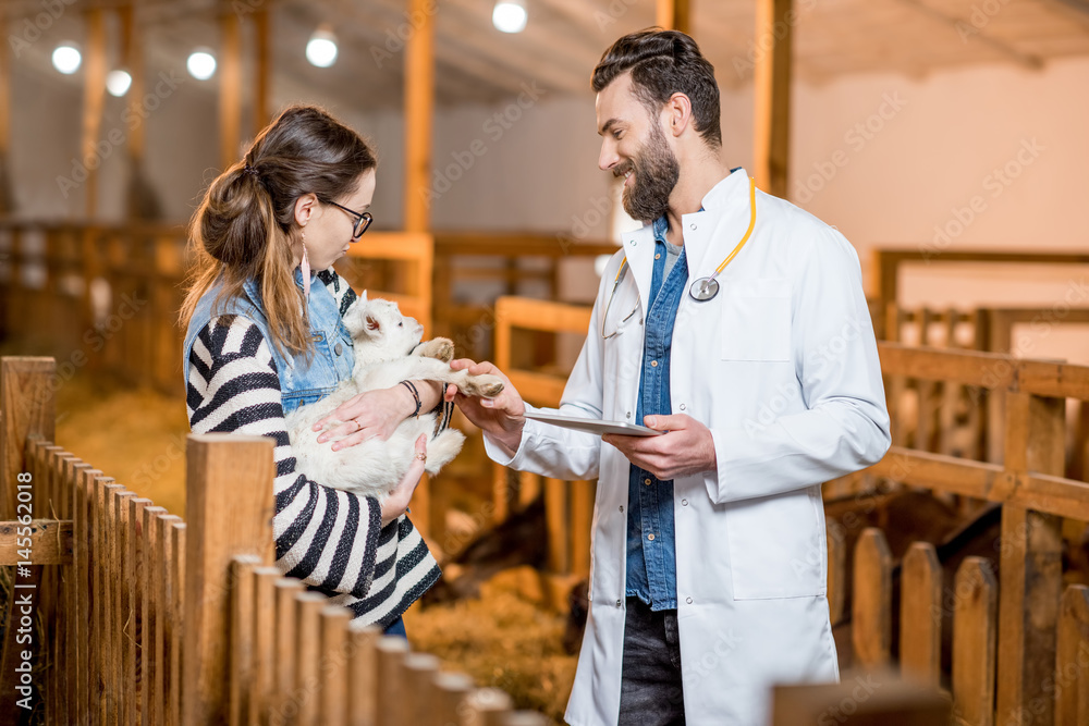 Handsome veterinarian in medical gown and young woman taking care about the baby goat standing indoo