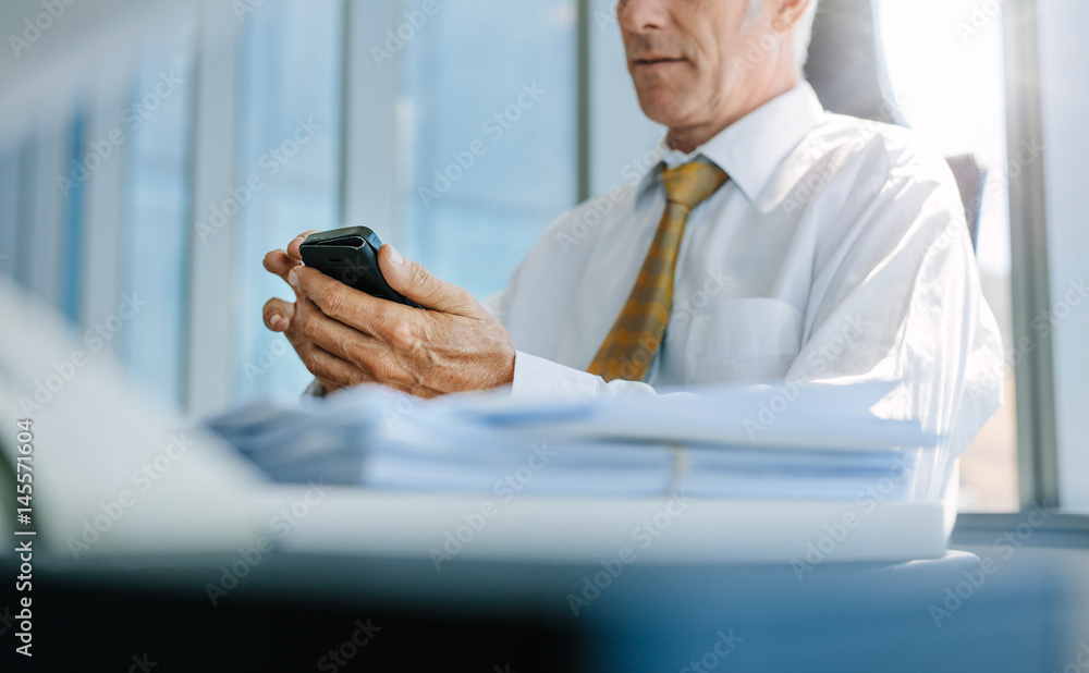 Senior business man using mobile phone in office