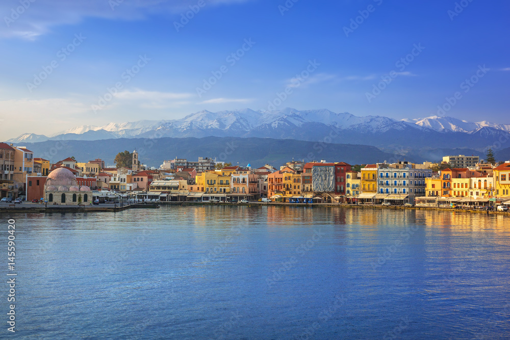 Old Venetian port of Chania at sunrise, Crete. Greece