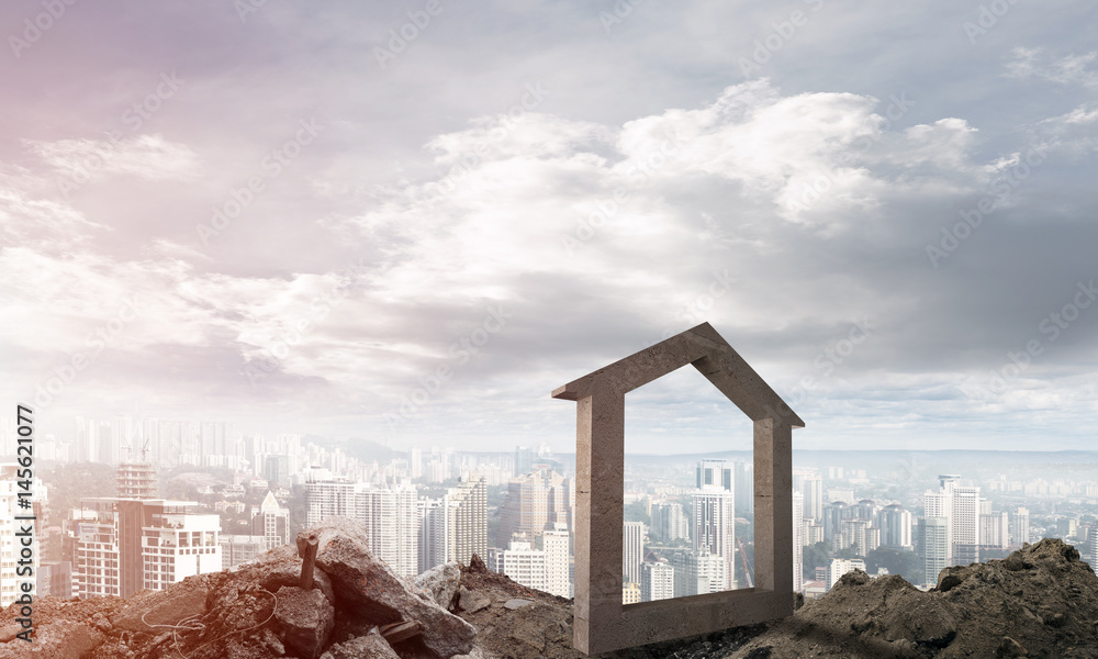 Conceptual image of concrete home sign on hill and natural landscape at background