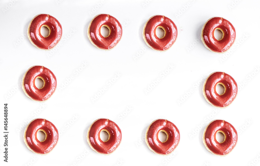 lunch with donuts frame on white table background top view mock up