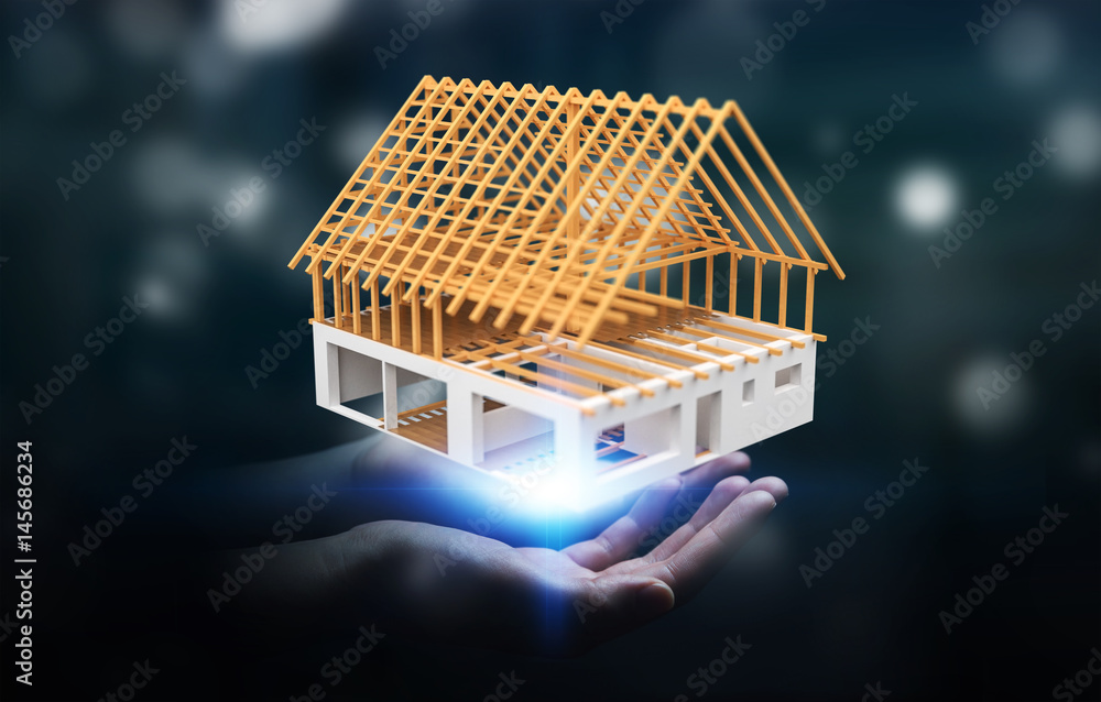 Businessman holding 3D rendering unfinished plan house in his hand