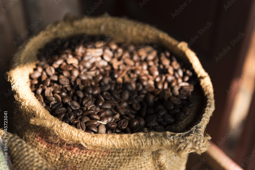 Coffee bean in sack,close up