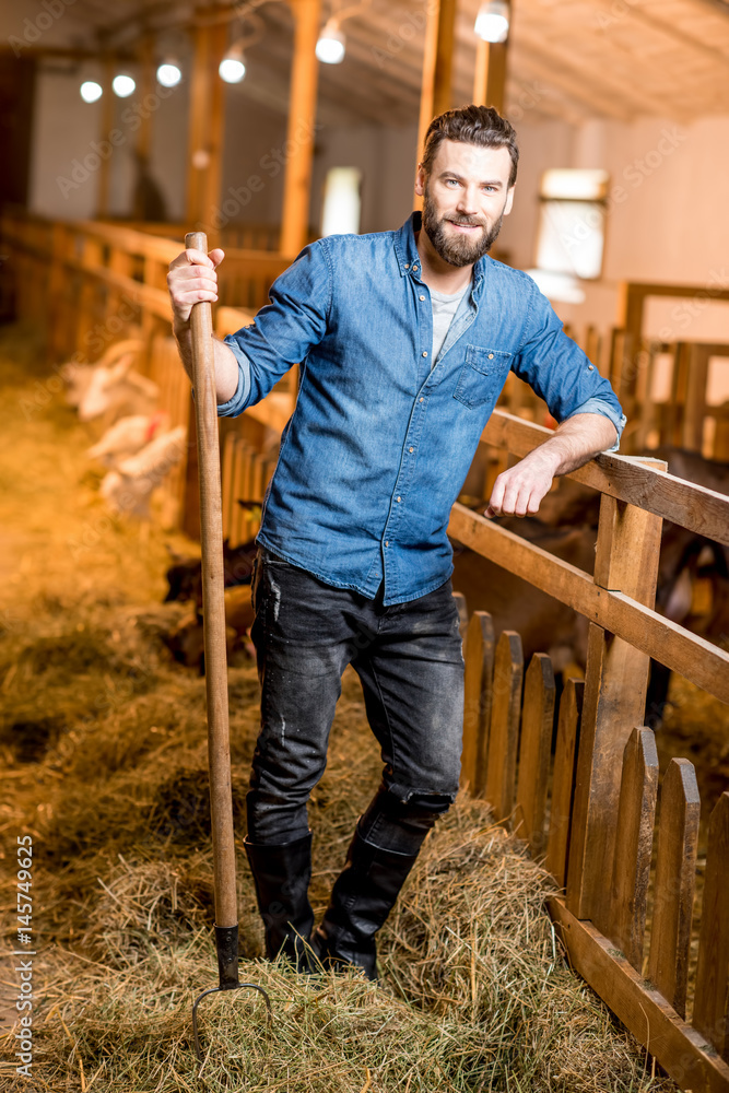 Farmer working in the goat barn