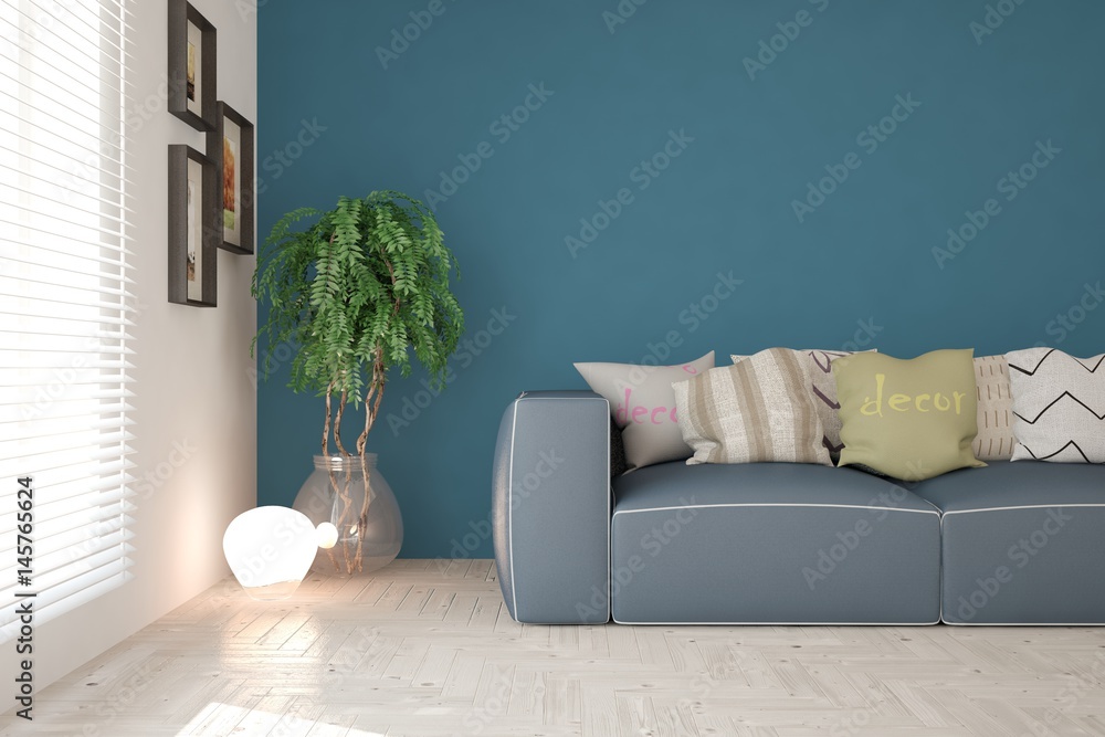 Blue modern room with sofa. Scandinavian interior design. 3D illustration