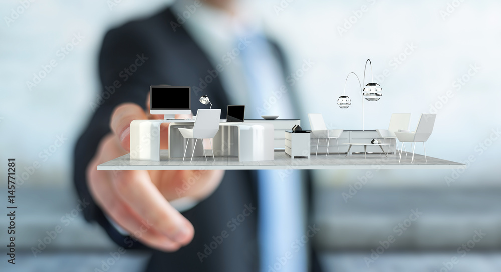 Businessman touching white 3D rendering apartment