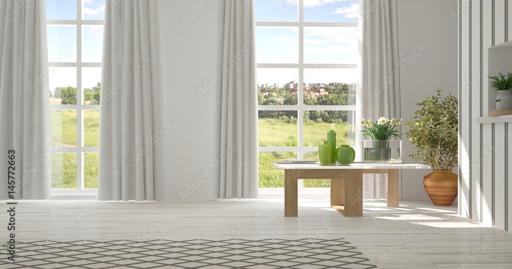 White empty room with green landscape in window. Scandinavian interior design. 3D illustration