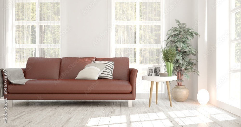 White room with sofa and green landscape in window. Scandinavian interior design. 3D illustration