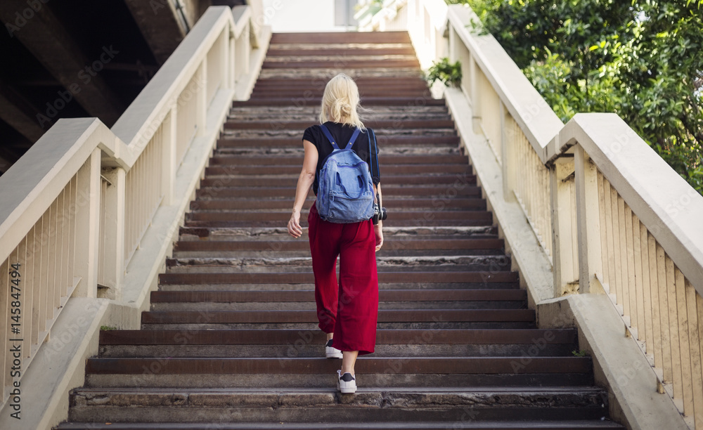 Woman Caucasian Traveler Walk Stair Concept