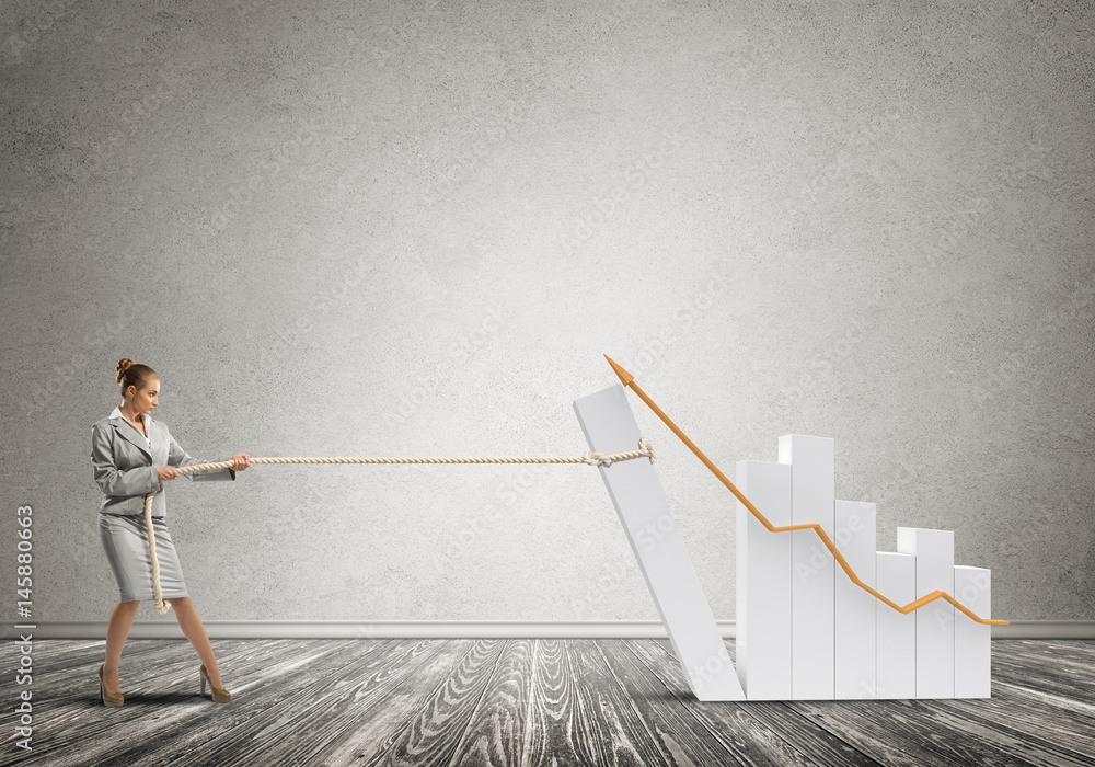 Businesswoman pulling graph with rope as symbol of power and control