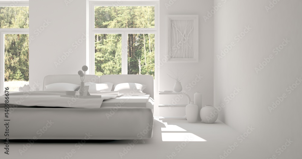 White modern bedroom with green landscape in window. Scandinavian interior design. 3D illustration