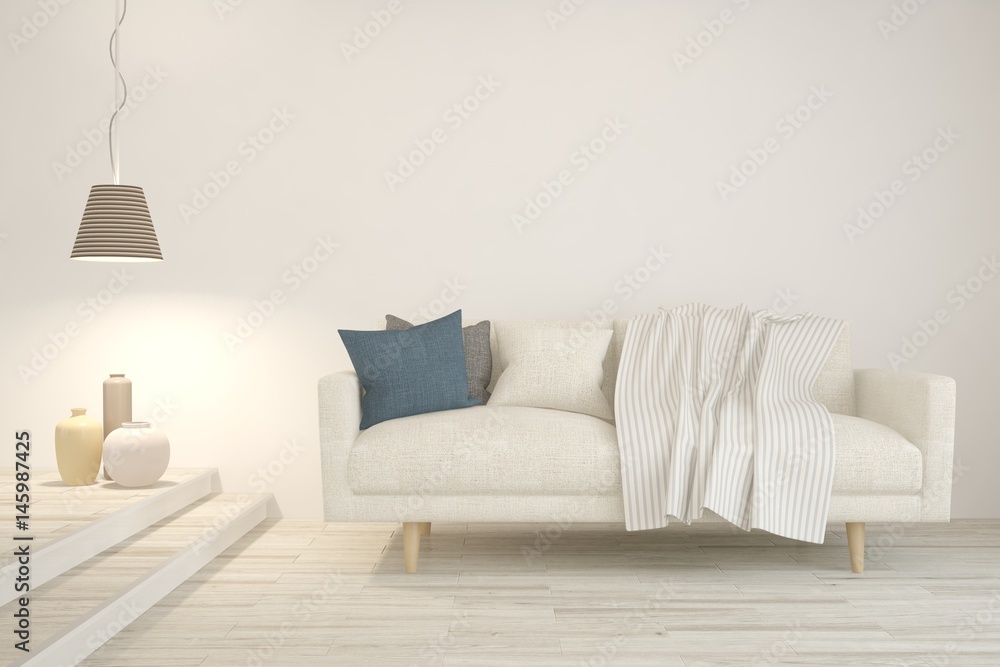 White modern room with sofa. Scandinavian interior design. 3D illustration