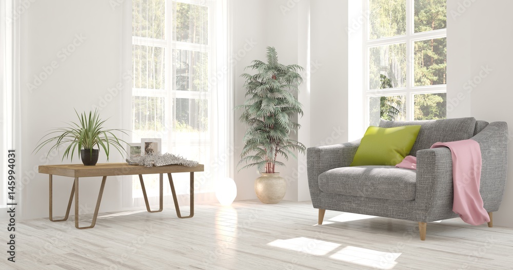 White room with armchair and green landscape in window. Scandinavian interior design. 3D illustratio