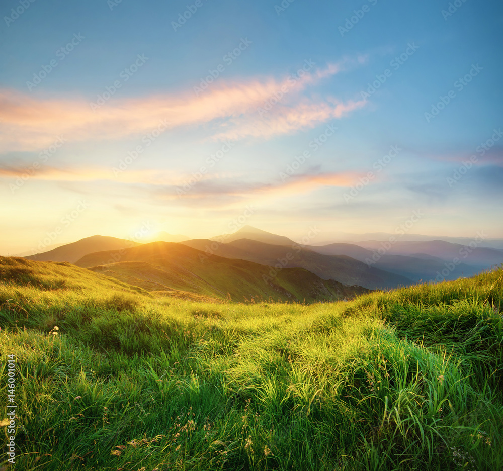 Mountain landscape during sunrise. Natural landscape in the summer time