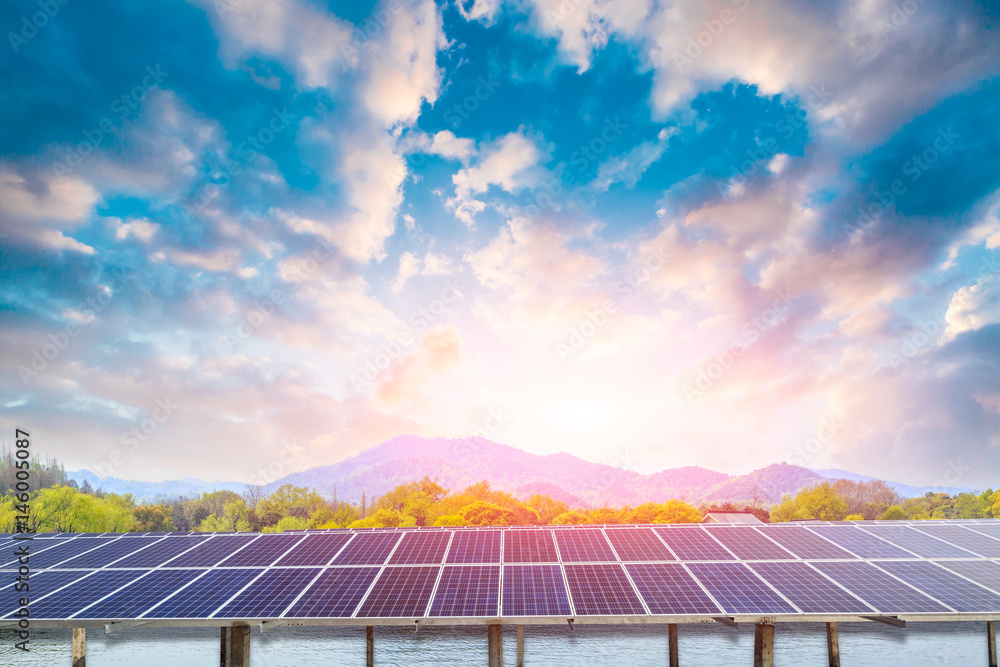 Solar energy panels in the setting sun