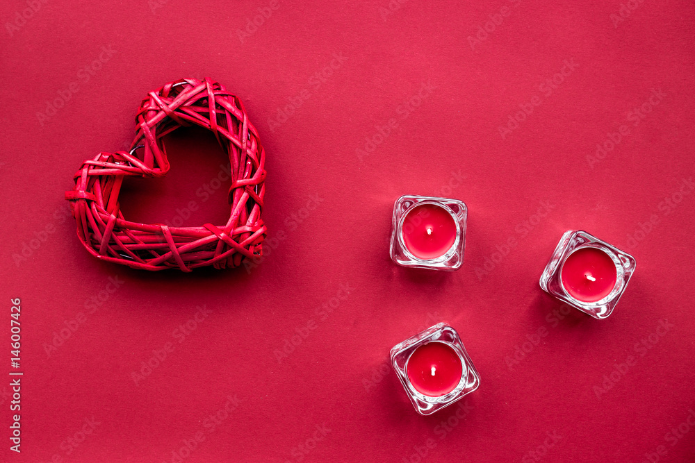 romantic dinner in red color with candles and heart top view mockup