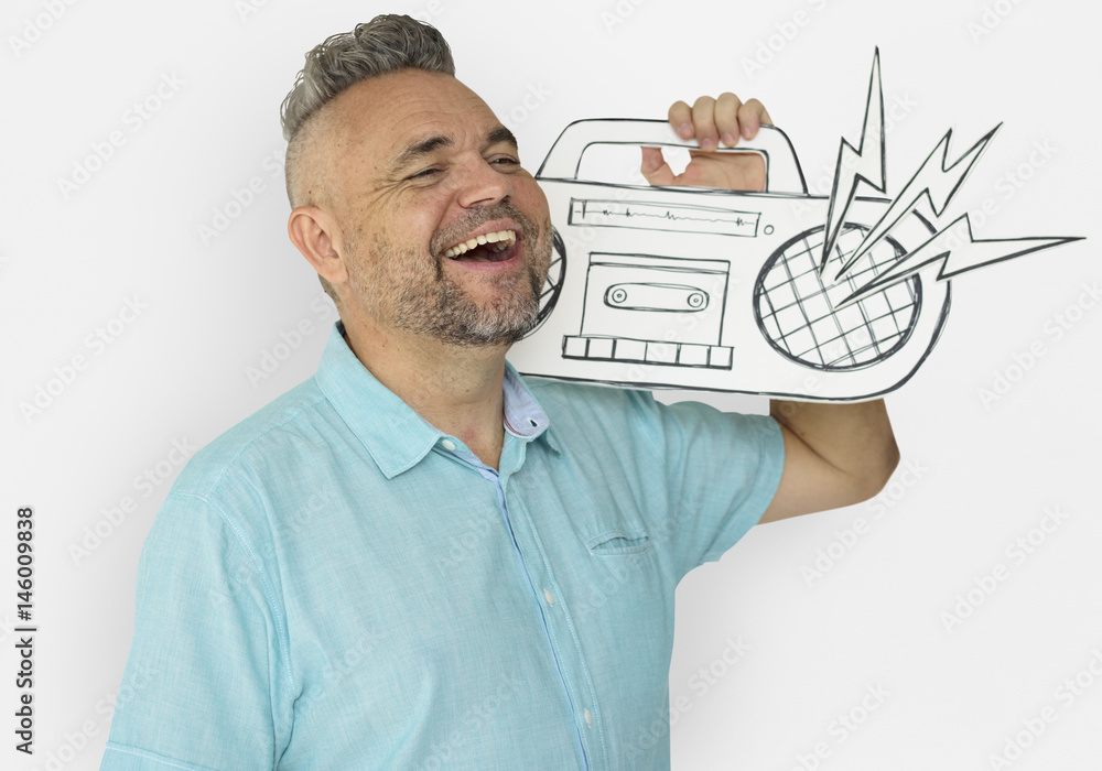 Caucasian Man Holding Paper Crafted Jukebox