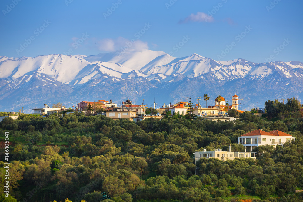 Greek village on Crete with the White Mountains, Greece