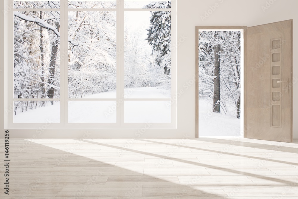 White empty room with winter landscape in window. Scandinavian interior design. 3D illustration