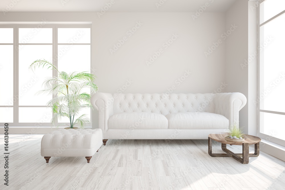 White modern room with sofa. Scandinavian interior design. 3D illustration